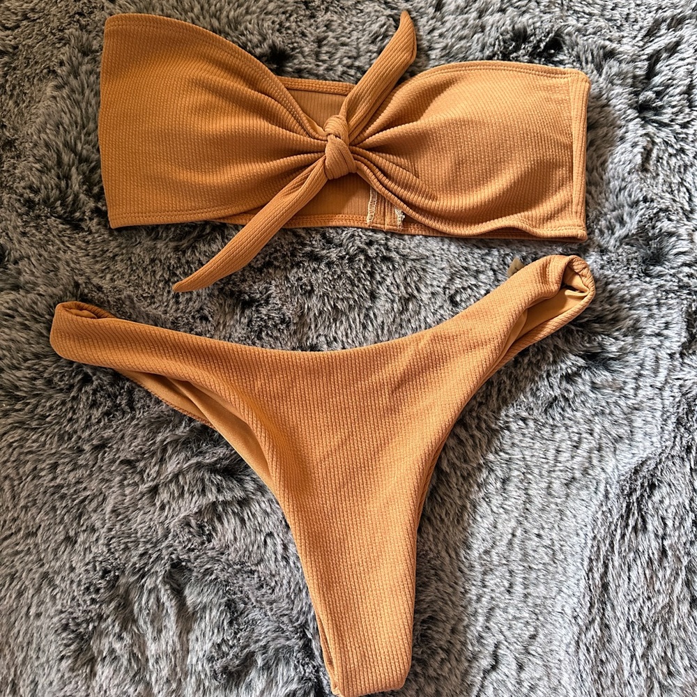 Zaful Ribbed Bandeau Bikini in Warm Camel